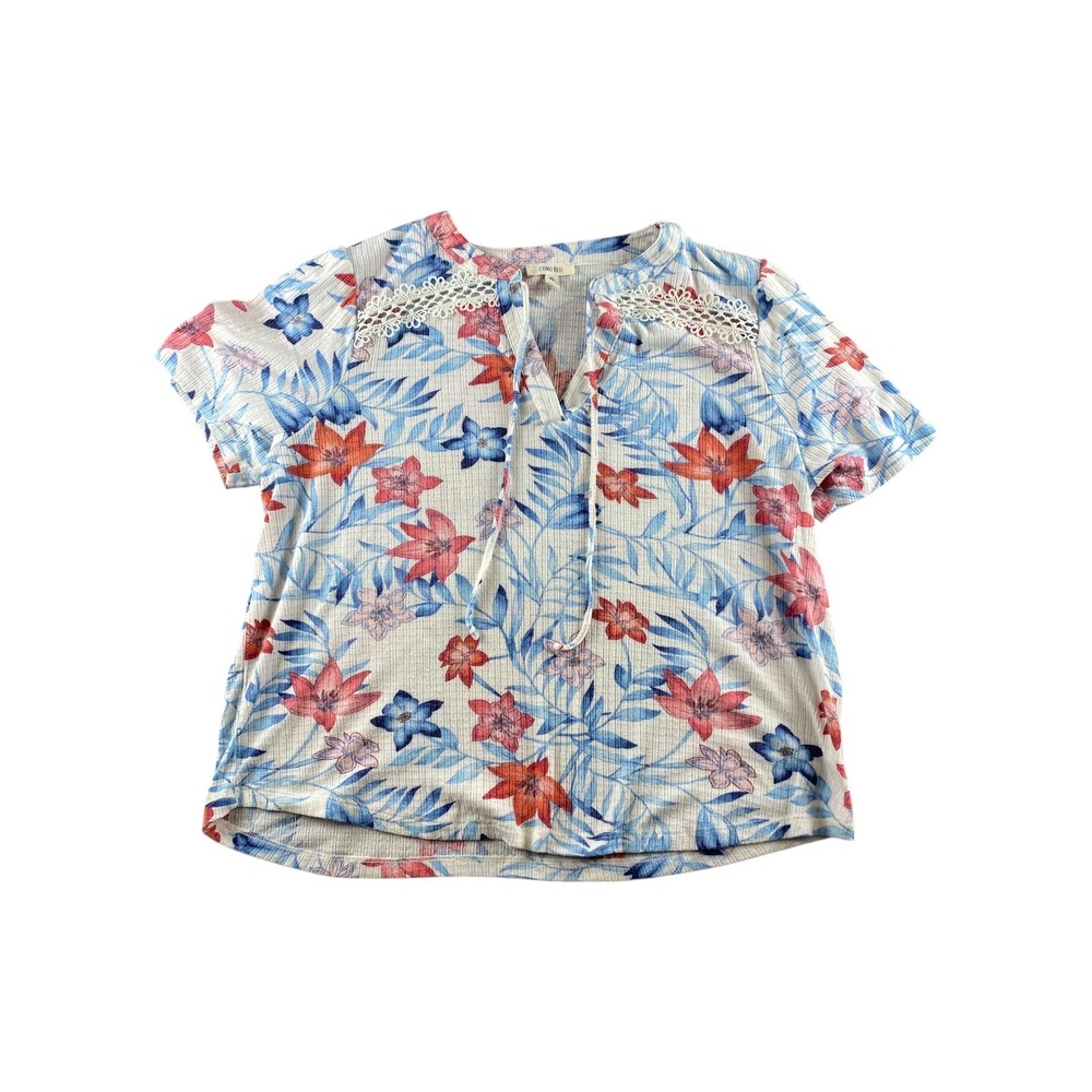 Como Blu Floral Print Blouse Women's XL Short Sleeve V-Neck Lace Detail